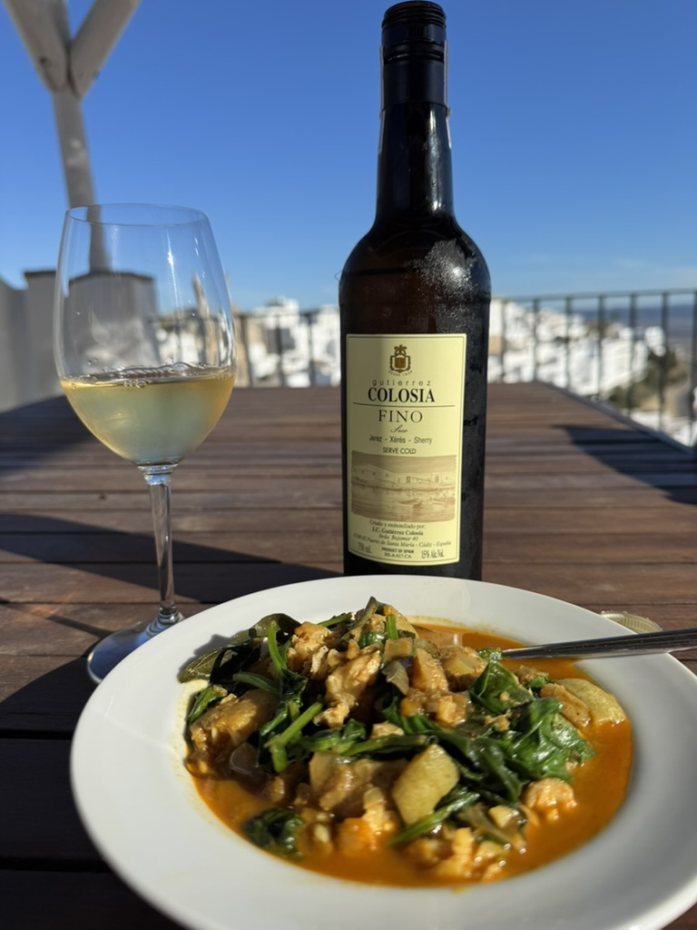 Fino Sherry with fish stew in Andalucia with Annie B