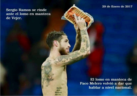 Sergio Ramos holding a packet of Lomo en Manteca